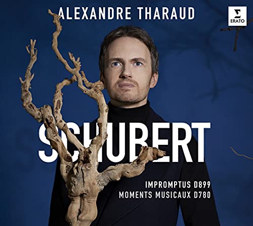 CD cover featuring pianist Alexandre Tharaud with a branch, dark background.