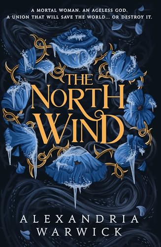 Book cover featuring gold text, icy blue flowers, and swirling dark wind patterns.