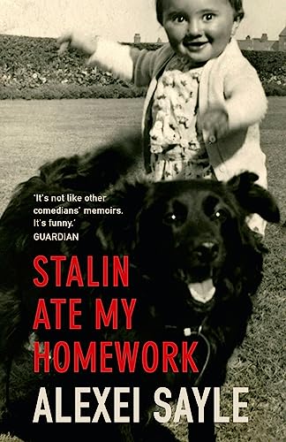 Book cover: a child with a large black dog, red title "Stalin Ate My Homework".