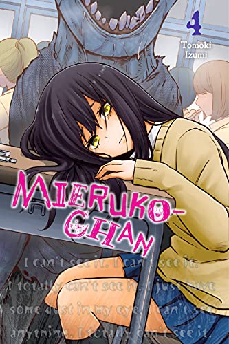 A girl with long dark hair rests at a desk while a monster looms behind.