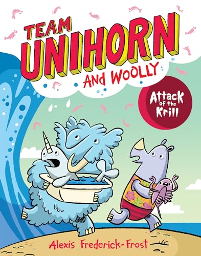 Unicorn, mammoth, and rhino characters on a colorful book cover.