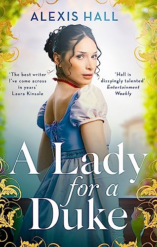 A woman in a blue Regency-style dress looks over her shoulder on a book cover.