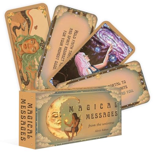 Magical Messages from the Universe oracle card deck box with several illustrated cards fanned out.
