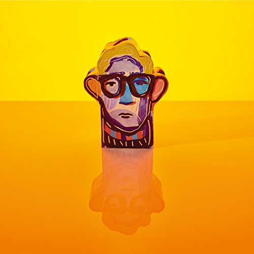 Stylized portrait of a man with sunglasses on a bright orange background.