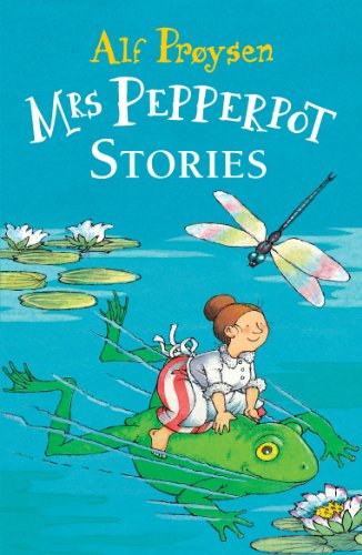Book cover: Mrs Pepperpot flying on a frog with a dragonfly.