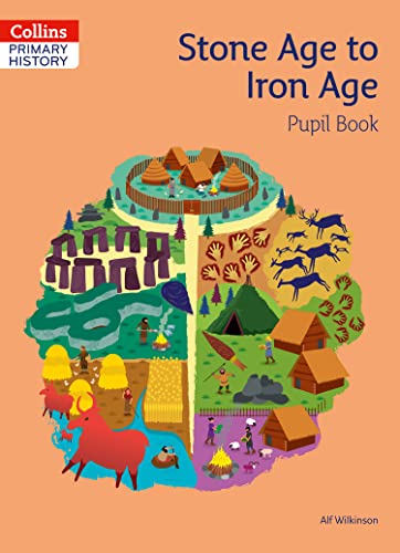 Pupil book cover depicting prehistoric life, settlements, and landscapes.
