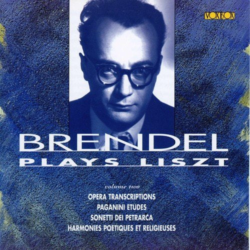 CD cover featuring pianist Alfred Brendel in glasses, blue textured background.