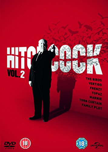 Alfred Hitchcock pointing on a red background with birds and film titles.