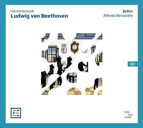 A white and blue Beethoven CD cover with a collage of silhouetted musicians.
