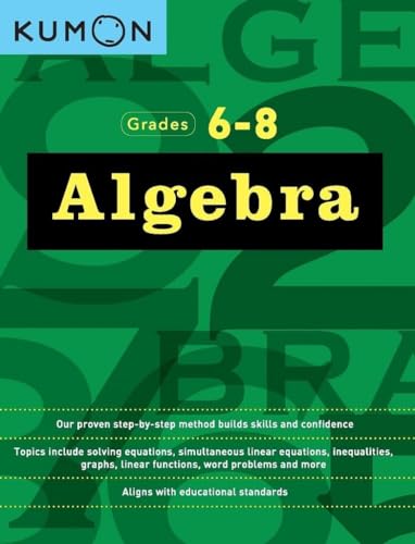 Green textbook cover with Algebra in yellow text on black rectangle for grades 6-8.