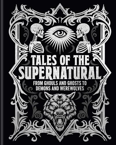 Book cover with skeletons, an eye, and a werewolf’s head in silver design.