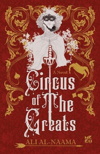 Book cover: masked figure with sword, ornate gold design, red background.