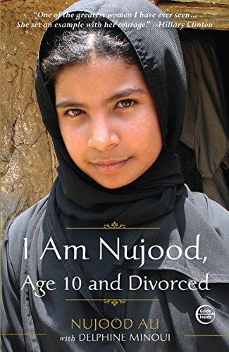 Book cover featuring a young girl in a headscarf, titled “I Am Nujood.”
