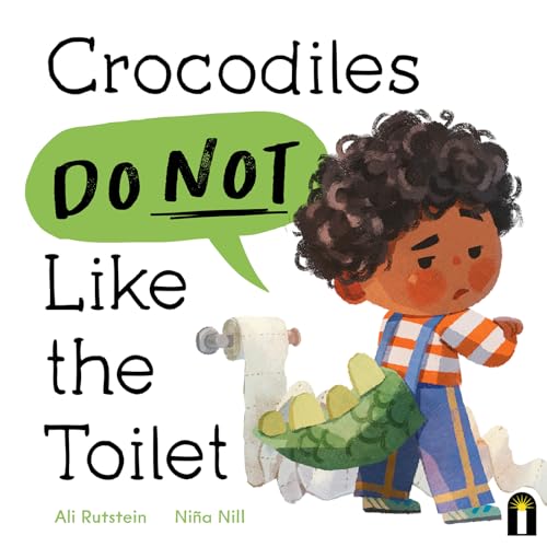 Book cover: a child and crocodile near a toilet, illustrated style.