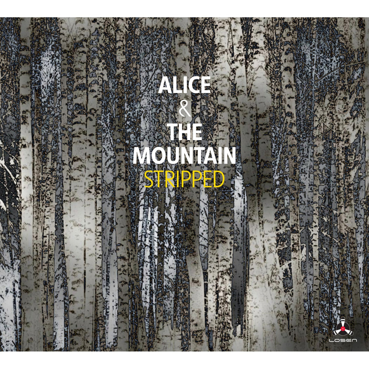 CD cover with white text on a textured, grayscale birch tree background.