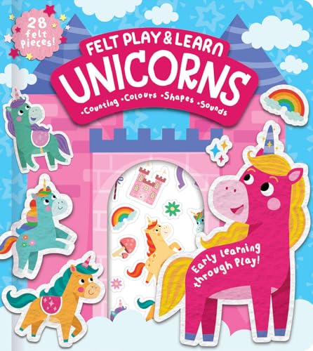 Felt book cover with colorful unicorns and a pink castle cutout.