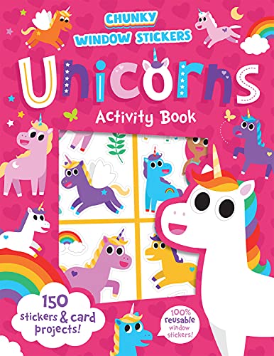 Colorful sticker book cover featuring various cartoon unicorns and a rainbow.