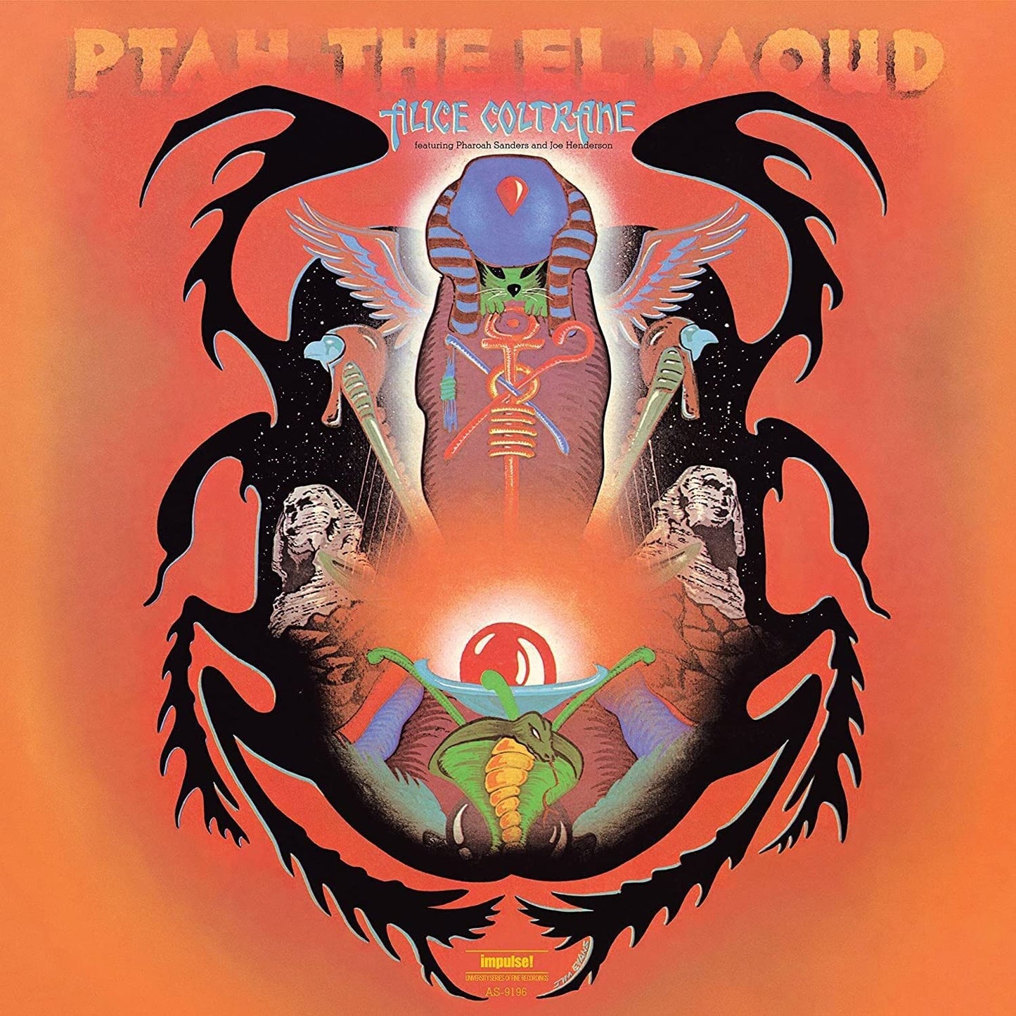 "Album cover with Egyptian-themed artwork, orange background, and central deity figure."