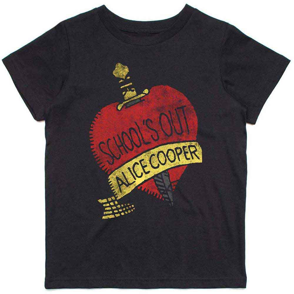 Black kids' t-shirt with "School's Out" Alice Cooper graphic, size 9-10 years.