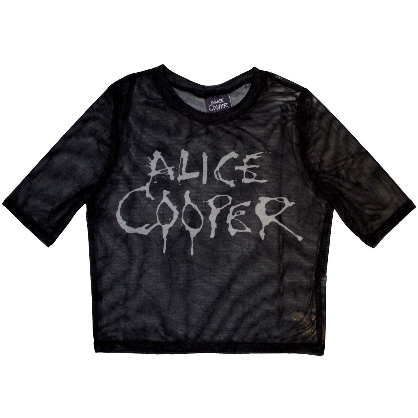 Black mesh crop top with dripping Alice Cooper logo, size small.