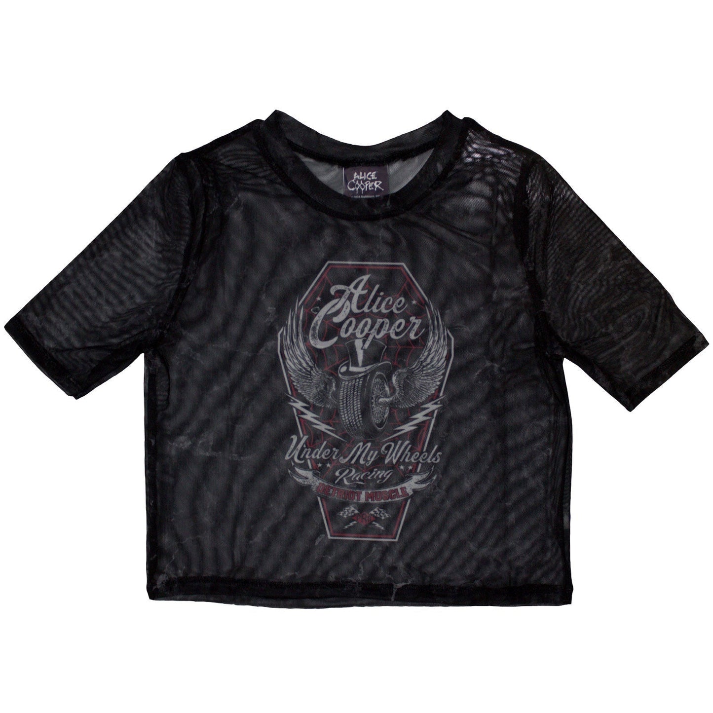 Medium ladies mesh crop top featuring Alice Cooper Under My Wheels graphics.