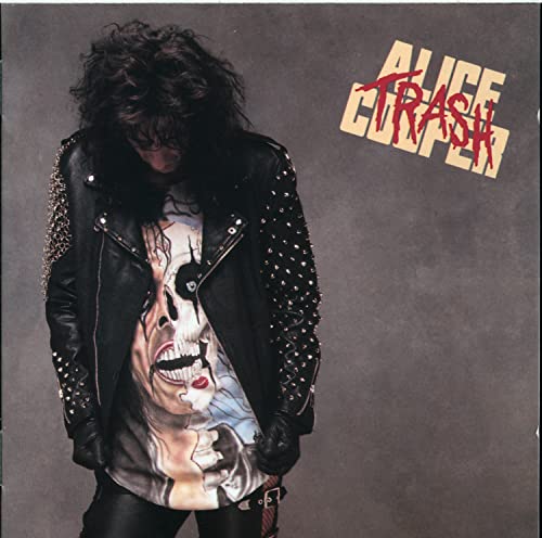 Alice Cooper album cover, "Trash," featuring a man in a studded jacket.