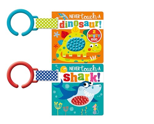 Two Never Touch board books for strollers, featuring a dinosaur and a shark.