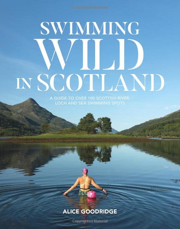 Book cover showing a swimmer in a Scottish loch with mountains in the background.