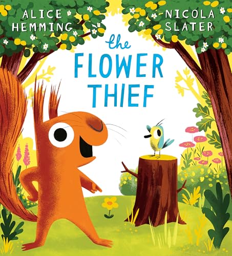 Book cover: orange squirrel and bird in a green, floral forest.