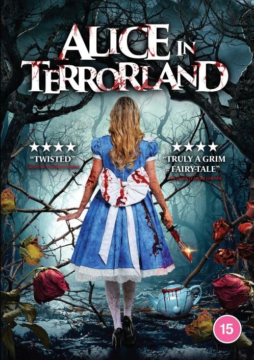 A woman in a blood-stained blue dress holds a knife in a dark forest.