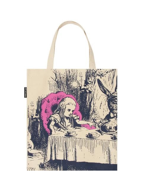 Canvas tote bag with illustration of Alice at a tea party.