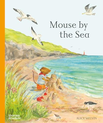 A watercolor illustration of a mouse building a sandcastle on a beach with seagulls.