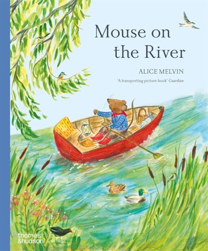 A mouse in a red boat rows down a river with ducks and reeds.