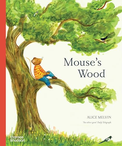 A mouse in a yellow sweater sits in a large tree on this book cover.