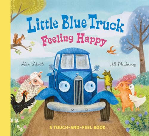 A blue truck with eyes on a dirt road surrounded by farm animals.