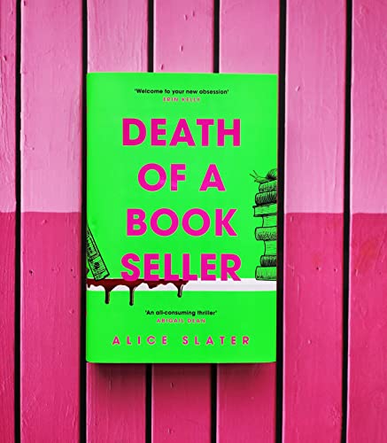 Book cover, “Death of a Bookseller,” with pink and green design.