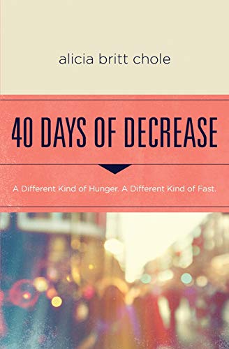 Book cover with red band, title “40 Days of Decrease”, and blurred city scene.