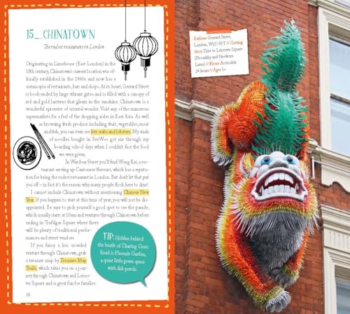A page about London's Chinatown featuring text and a colorful dragon sculpture on brick.