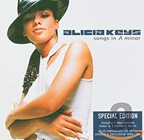 Alicia Keys album cover, "Songs in A Minor," featuring her in a hat.