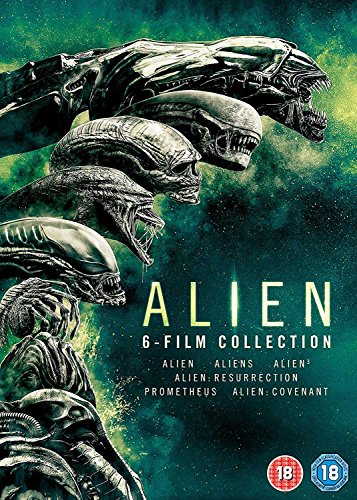"Image shows a DVD cover with Xenomorphs and 'ALIEN 6-FILM COLLECTION' text on a green background."