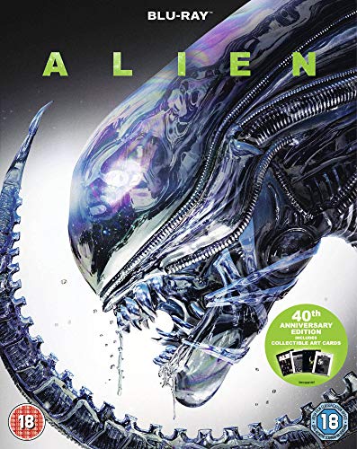 Alien 40th Anniversary Blu-ray cover featuring a detailed Xenomorph head against a white background.