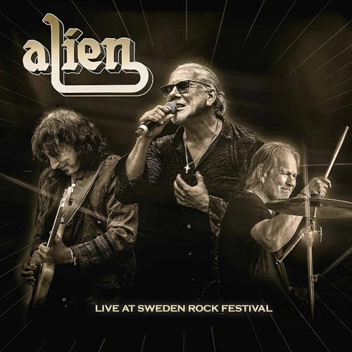 CD cover for Alien’s “Live At Sweden Rock Festival” featuring three musicians.