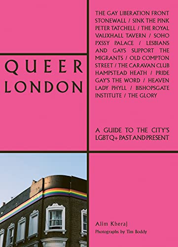 Book cover with pink background, black text, and a photo of a rainbow-trimmed building.