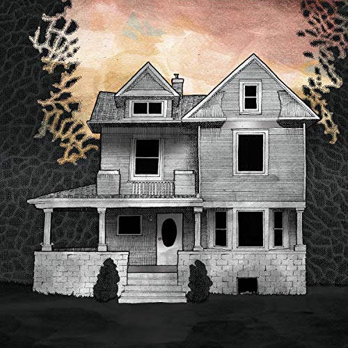 Sketch of a grey, three-story house with dark, branching shapes framing it.