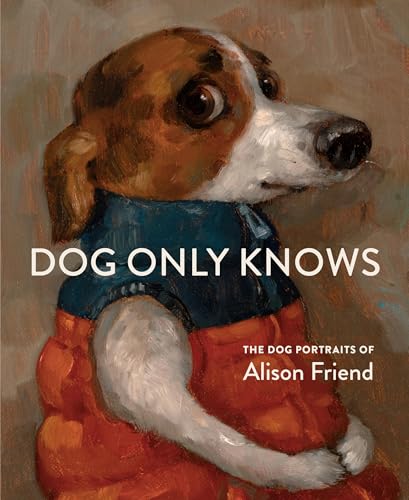 Painted portrait of a brown and white dog wearing a blue vest.