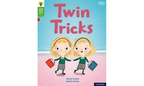 Book cover: “Twin Tricks” shows two young girls with school bags.