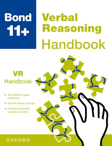 Book cover: "Bond 11+ Verbal Reasoning Handbook" with puzzle pieces.