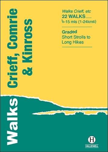 Yellow and blue book cover for walking routes in Crieff, Comrie & Kinross.