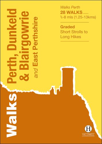 Yellow book cover titled Walks Perth, Dunkeld & Blairgowrie with a brown silhouette illustration.