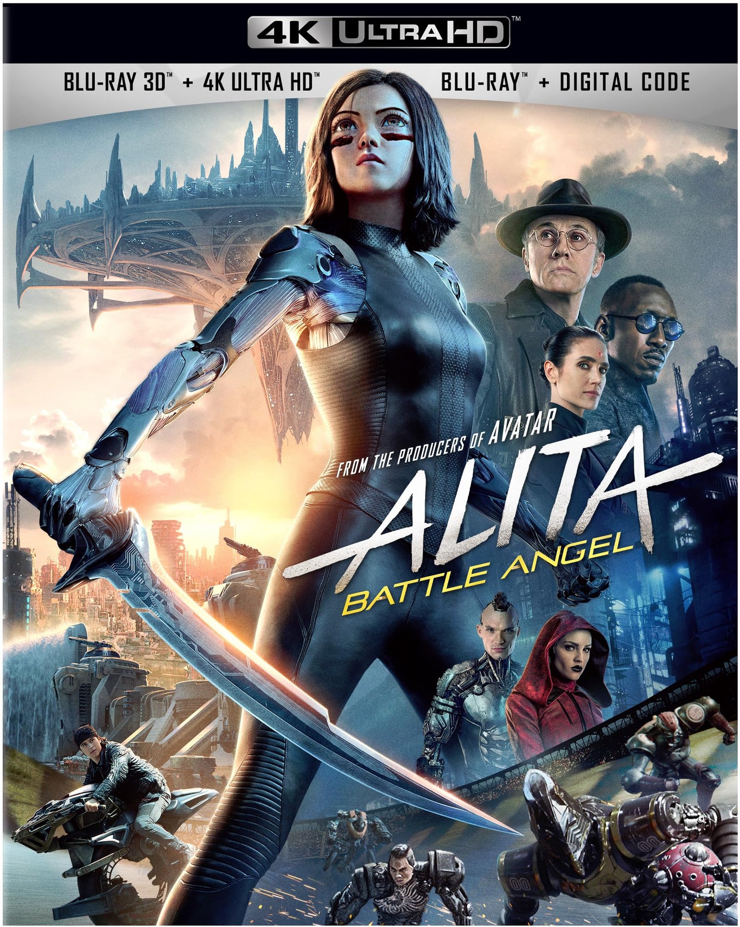 Alita Battle Angel Blu-ray cover featuring a cyborg woman and city landscape.